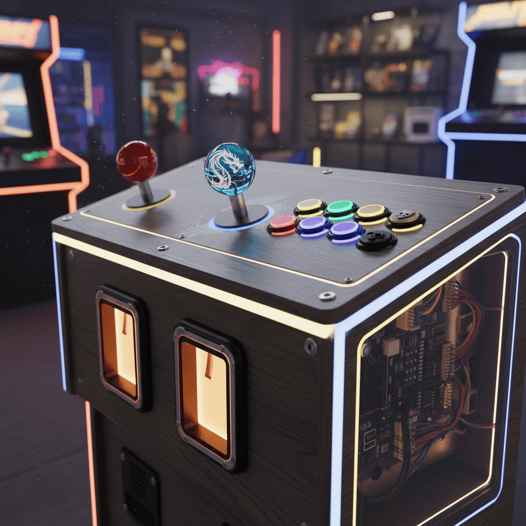 Close-up of customized arcade joystick and buttons, showcasing vibrant colors and unique design elements.