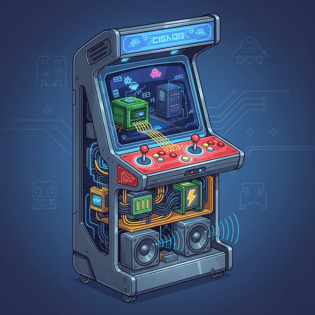 Close-up of arcade cabinet's internal components