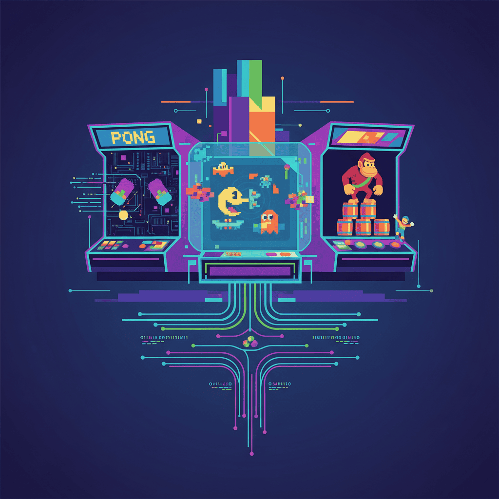 A vibrant image showcasing classic arcade game cabinets from the early days, highlighting their unique designs and the excitement of the era.