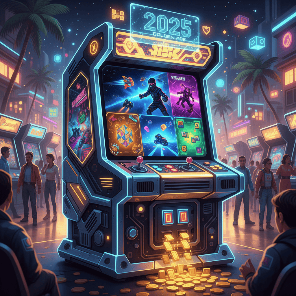 A vibrant collage showcasing iconic imagery from the top 5 arcade games that defined 2025, including character sprites, game screens, and cabinet artwork.