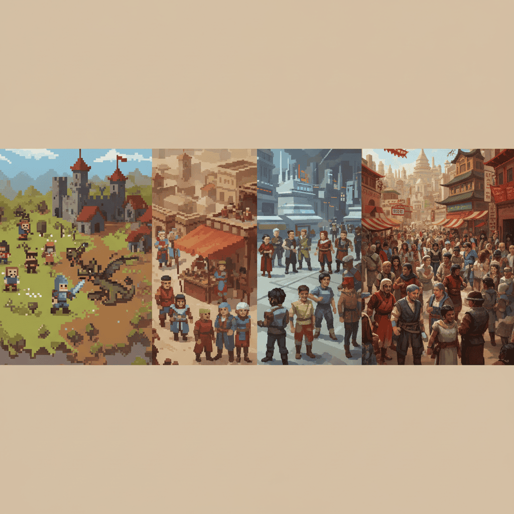Evolution of cultural representation in video games, from 8-bit to AAA graphics.